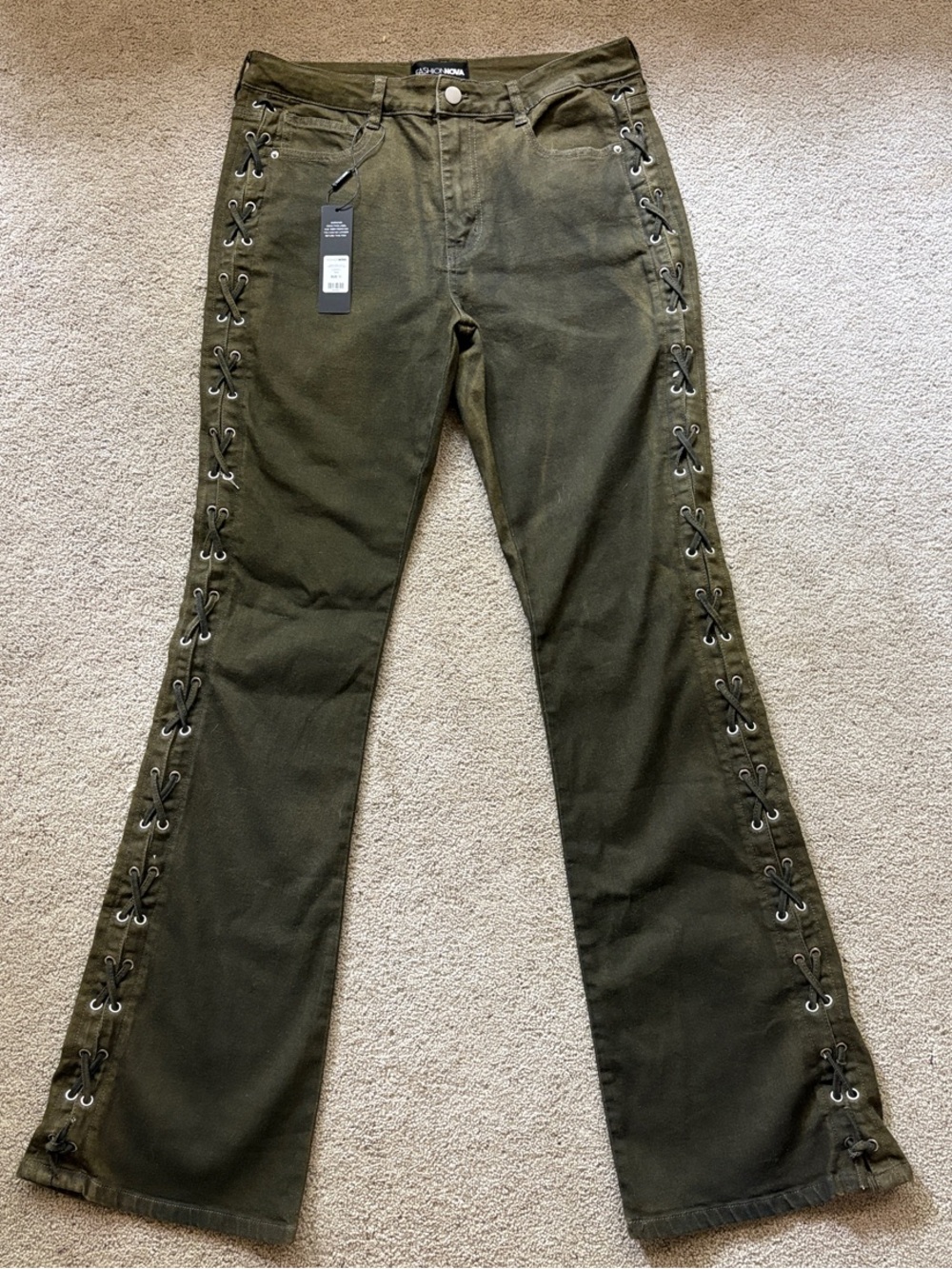 Fashion Nova Olive/Army Green Lace-Up Stretch Flare Jeans